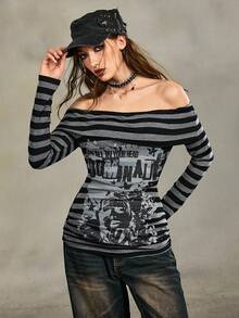 ROMWE Grunge Punk Top ajusté froncé à l'épaule dénudée avec imprimé portrait rayé punk vintage - Noir - Voir 5