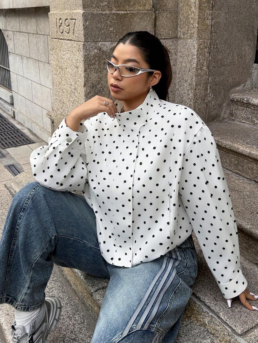 SHEIN EZwear 大码波点休闲百搭通勤约会长袖外套，春夏款 - 黑與白 - 查看 1