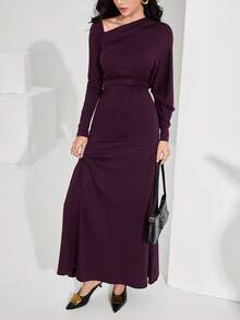 Heiryn Women's Solid Color Minimalist Long Sleeve Dress, Casual Everyday Wear Plum Dress Long Sleeve Elegant Dress Curve Elegant Dress Purple Elegant Dress Women Dark Purple Dress Women Slim Dress Long Sleeve Dresses Woman - Purple - View 7