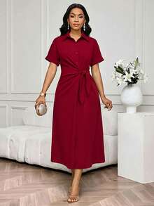 SHEIN Lady 女士休闲纯色裹身系带短袖连衣裙，夏季 - 酒紅色 - 查看 7