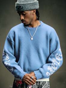 AXEPEAK Jersey de cuello redondo vintage desgastado para hombres - Celeste - Ver 2