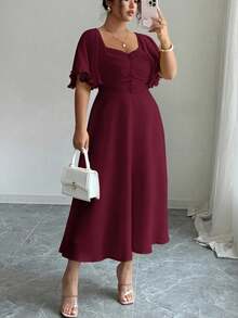 Modelyn Váy du lịch mùa hè kiểu Pháp bằng vải voan màu vàng bơ trơn dành cho nữ, tay bèo nhún - Màu Đỏ Sâu - Xem 7