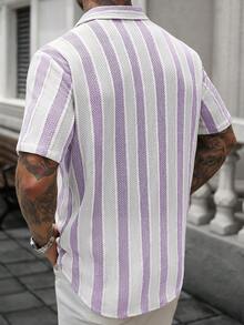 Manfinity CasualCool Men's Casual Striped Polo Collar Shirt Men Striped Button Up Men Short Sleeve Shirt Men Summer Button Up Men Retro Shirt - Mauve Purple - View 2