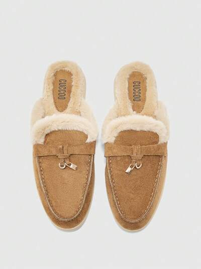 CUCCOO BIZCHIC Women's Fashionable Camel Suede Comfortable Thick Faux Fur Slip-On Mules, Flat Loafers Suitable For Outdoor, Work, Daily Wear, Versatile