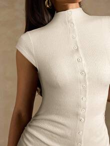 SHEIN BAE Vestido elegante de mujer de unicolor con cuello alto, mangas raglán y ajuste con botones frontales en costilla - Albaricoque - Ver 7