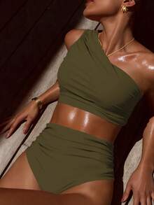 Swim Chiccia Women's Solid Color Asymmetrical Crop Top And Ruched Bottom Bikini Set, For Summer Beach, Travel, Vacation, Swimming Pool - Army Green - View 1