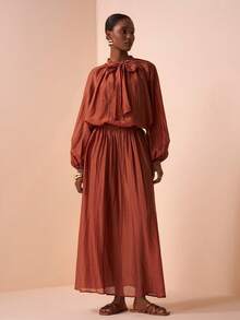 Zivah Elegant Autumn Rust Two Pieces Set,Bow Tie Lantern Long-Sleeved Shirt & High Waist A-Line Skirt,Brunch Vacation Wedding Guest Outfit - Brown - View 7