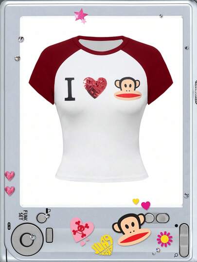 Paul Frank X ROMWE T-shirt ajusté à manches raglan avec imprimé singe, style décontracté pour femmes
