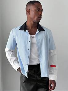 HUEFORM Camicia casual da uomo a righe, ampia, con patchwork, camicia casual con bottoni, moda casual - Blu - Visualizzare 3