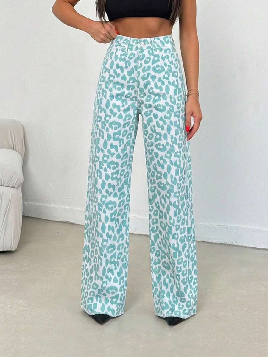 EURMUSE 100% Cotton MID RISE WIDEEG CUT LEOPARD PETITE JEAN - Multicolor - View 1