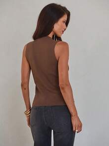 Aloruh Áo khoác cardigan dệt kim không tay màu cà phê, khóa kim loại phối màu tương phản, kiểu dáng thanh lịch, phù hợp cho công sở, bộ sưu tập Xuân/Hè mới. - Cà phê nâu - Xem 2