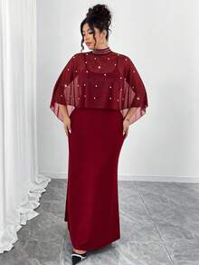 Cravure Bộ đồ 2 mảnh cỡ lớn bằng vải chiffon nhẹ, cổ cao, đính ngọc trai không đều, kết hợp với áo choàng và áo hai dây cạp chun mềm mại, dáng đuôi cá, thanh lịch cho dạo phố, hẹn hò, dự tiệc, buổi tối hoặc tiệc trà chiều. - Màu Đỏ Sâu - Xem 4