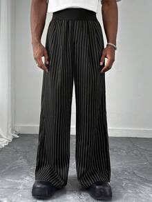 HUEFORM Pantalones rectos de corte relajado de unicolor con cintura elástica para hombre, pantalones anchos de pierna suelta de unicolor con costura frontal, pantalones anchos versátiles en negro oversize, regalos para novio, ropa urbana para hombre, pantalones anchos a rayas para uso casual, pantalones de rayas para hombre, pantalones plisados para hombre, pantalones anchos de rayas para hombre, pantalones anchos plisados para hombre - Negro - Ver 4