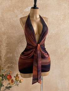 Soleia 新款垂褶领渐变扭结褶皱修身迷你连衣裙，适合派对、约会、情人节、复活节、狂欢节、下午茶、海滩、邮轮、城市度假、波西米亚风、度假、秋季女装、复古、假日等场合。 - 彩色 - 查看 3