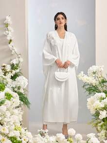 Al Najma Women's Solid Color Minimalist Everyday Floral 3D Decor Long Sleeve Abaya - White - View 4