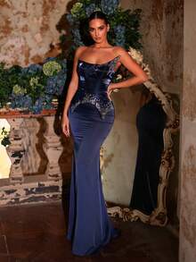 Glamrae Elegant Luxury Woven Liquid Satin Off-Shoulder Asymmetric Neckline Handcrafted Rhinestone Embroidered Fishbone Inner Shaping Inverted U-Shaped Waistline Patchwork Mermaid Hem Dress, Suitable For Wedding, Gala, Business, Music Events, Celebrity Party - Navy Blue - View 6