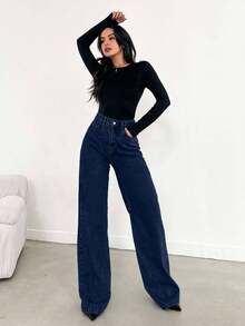 EURMUSE Damskie jeansy z kieszeniami i guzikami, casualowe i uniwersalne, z rozszerzanymi nogawkami - Średni jeans - Zobacz 6