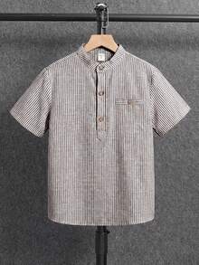 SHEIN Tween Boy Striped Short Sleeve Button-Up Casual Shirt - Brown - View 2
