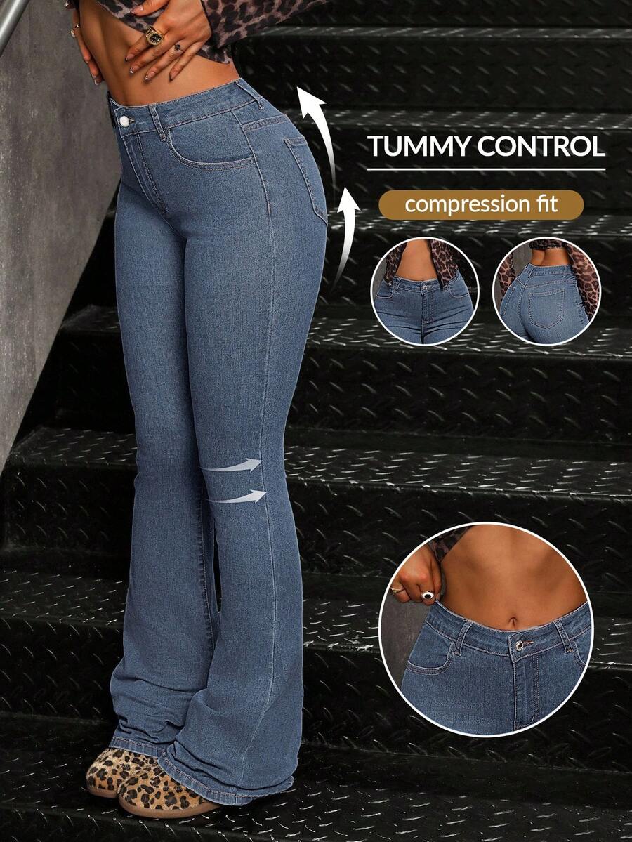 SHEIN Tall Women's Casual Pocketed Mid-Waist Skinny Flare Jeans - Blue - View 1