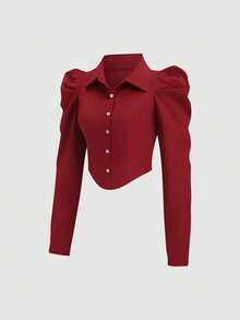 Sweetra Fitted Solid Color Shirt With Puff Sleeves, Suitable For Commuting In Autumn - Red - View 3