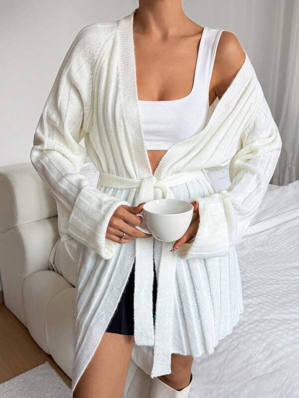 EURMUSE "Solid Beige Ribbed Knit Belted Cardigan With Medium Lenght V Neck And Turn Up Cuff Sleeves For Women