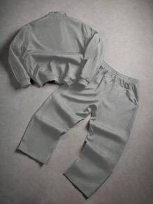 Manfinity Homme Ensemble veste zippée imprimée de lettres et pantalon à taille élastique pour hommes, automne - Gris pâle - Voir 2