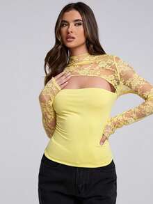 SHEIN BAE Women's Fashionable Sexy Solid Color Contrast Lace Hollow-Out Blouse, Autumn - Yellow - View 3