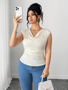 Elenzga Plus Size Women Solid Color Draped Collar Bowknot Decor Ruched Fashionable Versatile Cap Sleeve Top - Apricot - View 1