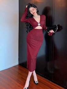 DAZY 女士亮片V领优雅时尚水钻搭扣装饰性感镂空休闲长裙情人节吊带裙 - 酒紅色 - 查看 4