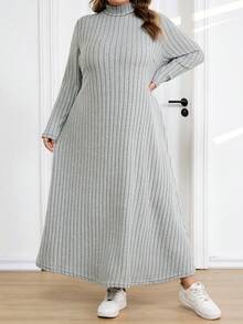 SHEIN CURVE+ Plus Size Women Ribbed Turtleneck Long Sleeve A-Line Knit Dress, Autumn/Winter - Green - View 1