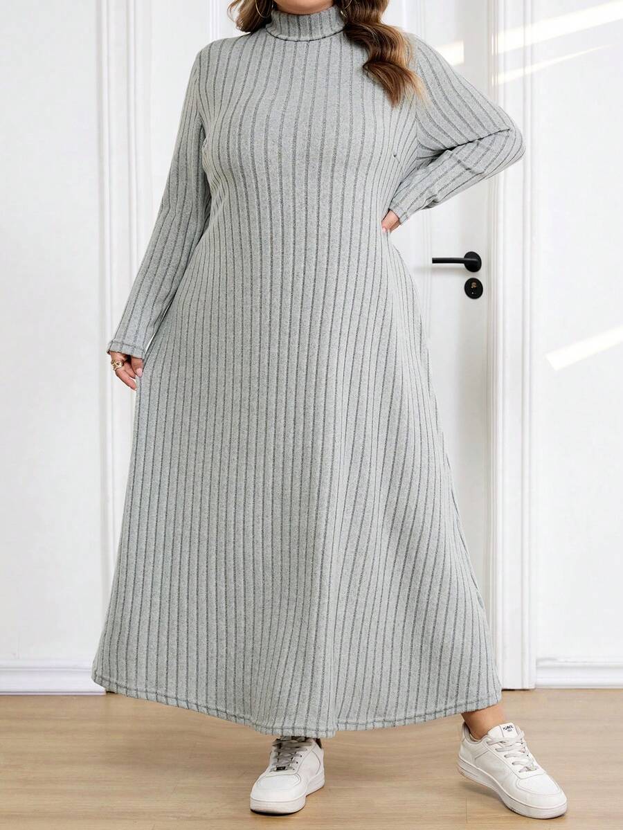 SHEIN CURVE+ Plus Size Women Ribbed Turtleneck Long Sleeve A-Line Knit Dress, Autumn/Winter - Green - View 1