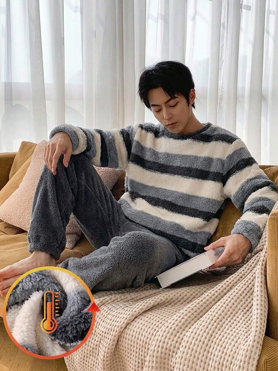 Teen Boys Gray White Striped Fleece Loungewear Set,Round Neck Long Sleeve 2-Piece Combo,Autumn Winter New Year Holiday Essential Social Media Style - Grey - View 1