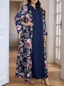 Al Najma Vestido casual de vacaciones holgado con cuello en V, estampado floral y manga con abertura para mujer de talla grande - Azul - View 7