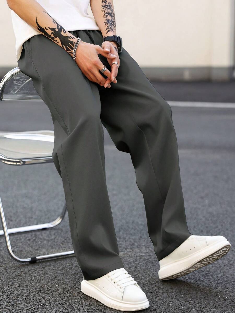 Manfinity Homme 男士抽绳腰带口袋直筒宽松休闲裤，百搭