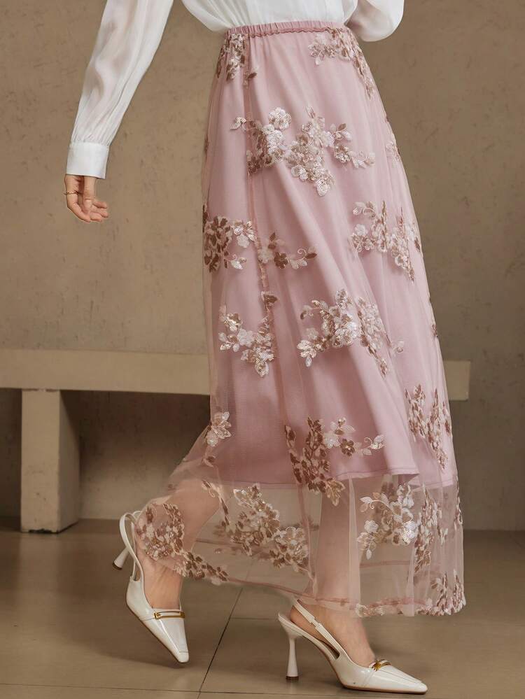 Women's Elastic Waist Long Loose Mesh Patchwork Embroidered Sequin Skirt