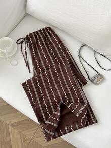 Elamini 女士基础款休闲可爱不对称树叶印花弹力腰宽松阔腿裤 - 彩色 - 查看 6