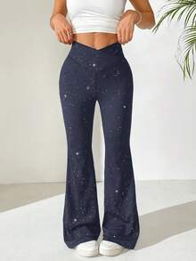 SHEIN EZwear 女士时尚百搭交叉腰带亮面喇叭裤 - 藏蓝色 - 查看 6
