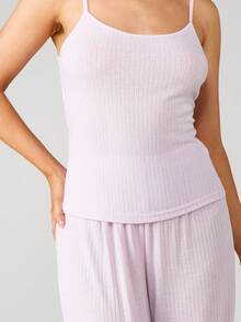 MISSGUIDED Bộ đồ mặc nhà ba món bằng vải dệt kim gân sọc gồm áo hai dây, quần ống rộng và áo choàng cardigan có thắt lưng, mang lại sự thoải mái và thư giãn. - Màu tím hoa cà - Xem 6