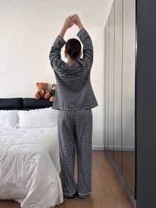 Bubble Textured Plaid Collar Cardigan & Pants Pajama Set - Multicolor - View 2