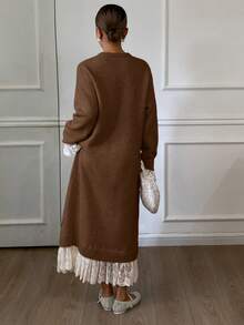 Livesso Women's Lace Patchwork Fitted Sweater Dress, Autumn - Coffee Brown - View 2