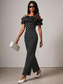 COSMINA 女士撞色波点印花露肩连体裤，优雅连体裤，露肩优雅连衣裙，3D立体花朵领设计，派对连体裤，约会连体裤，情人节连体裤，时尚连体裤，黑色底白色波点图案，优雅女士长款连体裤，日常穿着，春夏女士连体裤 - 黑與白 - 查看 2