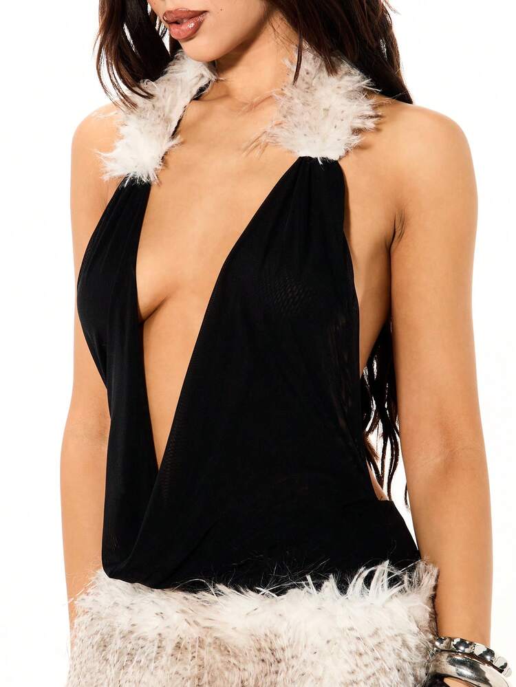 SUMWON WOMEN 羽飾りホルターネック プランジ ミニドレス メッシュボディ パーティー イブニング ボディコン スパンコール装飾 フォーマル グラマラス ナイトアウト 特別な機会