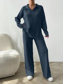 EURMUSE 2pcs/Set Solid Color Ribbed Polo Neck Loose Knit Sweaters - Navy Blue - View 7