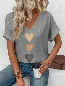 SHEIN LUNE Women's V-Neck Flared Cuff, Ombre Heart Print Casual Versatile T-Shirt, Spring/Summer - Light Grey - View 6