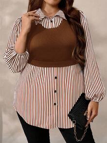 EMERY ROSE Plus Size Women Floral Print Patchwork Knit Casual Top, Autumn/Winter