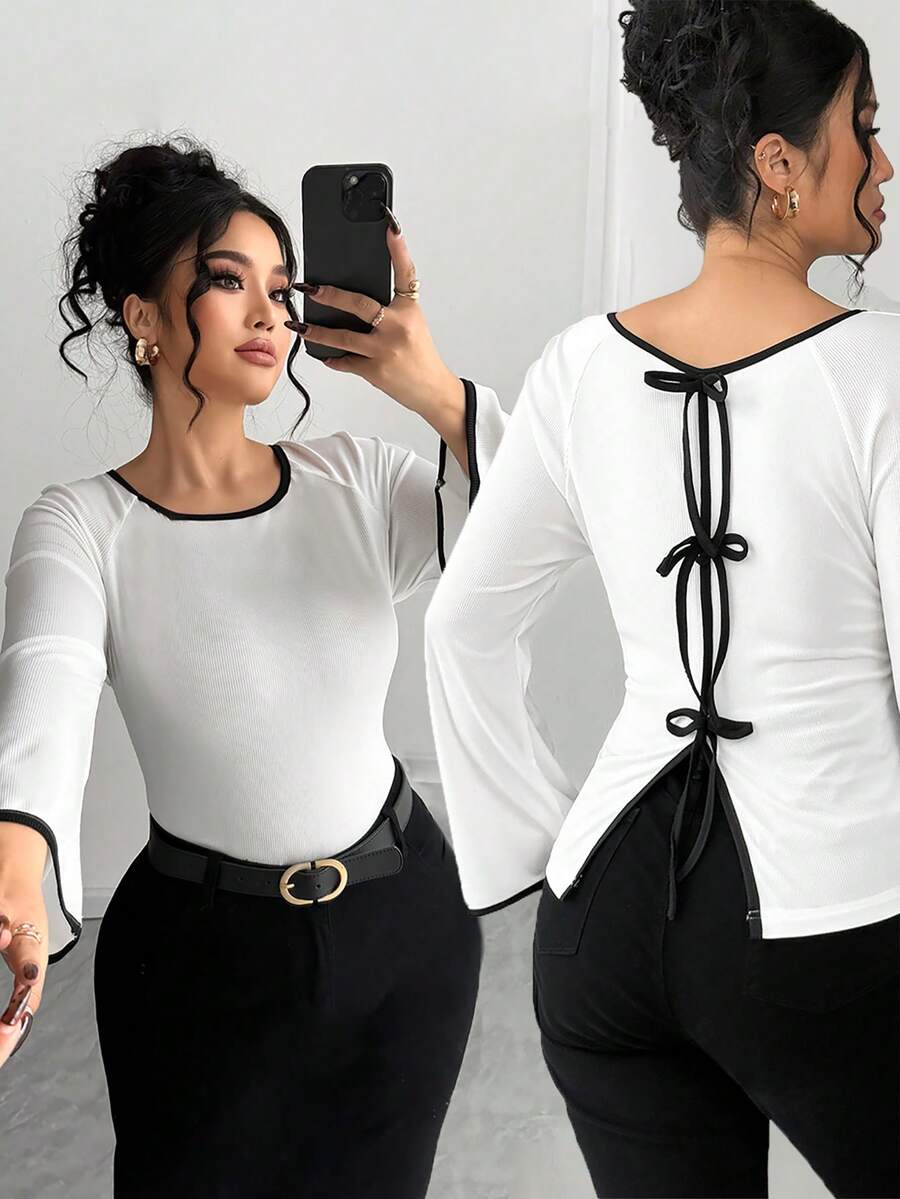 SHEIN PETITE CURVE Kaos Lengan Panjang Ukuran Besar Kasual dengan Dekorasi Pita Warna Kontras - Hitam dan Putih - View 1