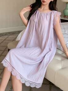 DAZY Camisón corto holgado de mujer con parches de encaje y pliegues - Morado - Ver 6