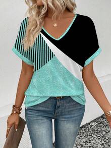 EMERY ROSE 新款时尚女式印花宽松V领短袖T恤 - 彩色 - 查看 4