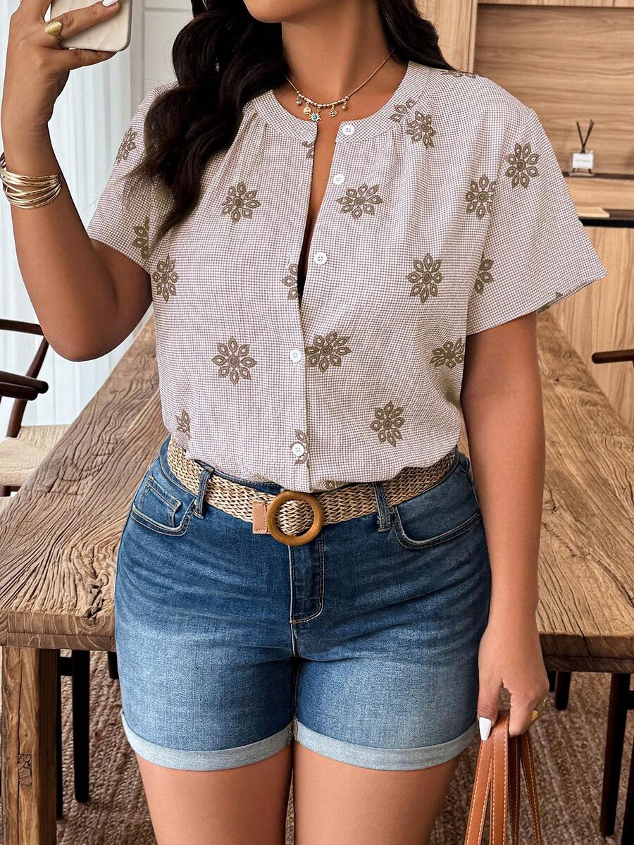 Weeklong Plus Size Casual Printed Short Sleeve Shirt, Random Print - Brown - View 1