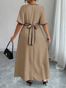 Elenzga Plus Size Color Block V-Neck High Slit Short Sleeve Dress - Khaki - View 2